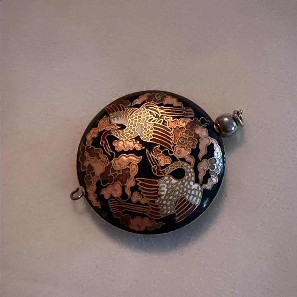Vintage Oriental Black Round
Crane Pendant